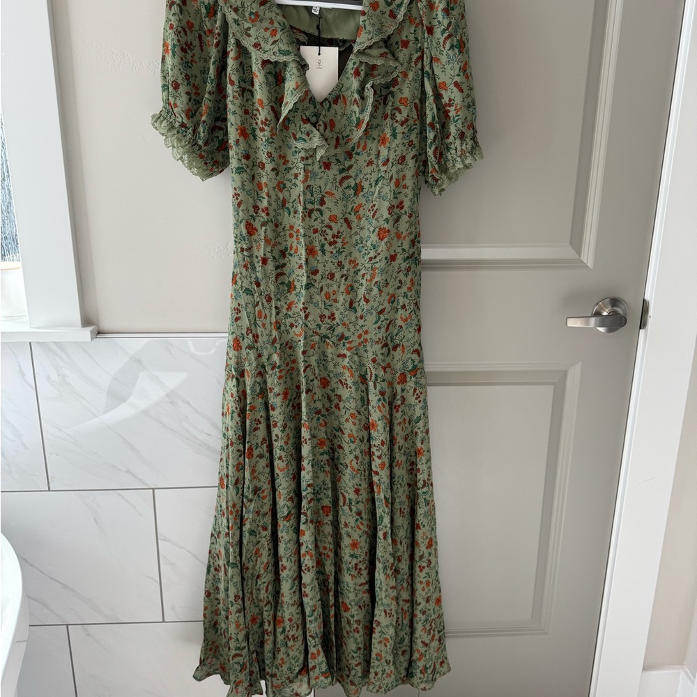 Reformation Green Maxi Dress with Puff Sleeves and Sailor Collar